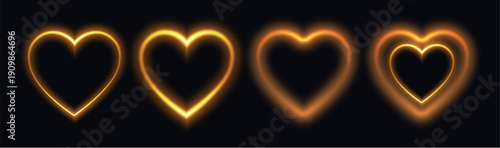 Neon heart love light shape icon set. Valentine glow heart background 3d effect frame.