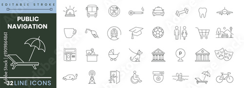 Public navigation line icons set for city wayfinding and urban services transportation signage