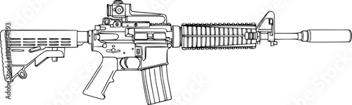 American M4 assault rifle with reflector sight and silencer. Vector Outline Illustration

