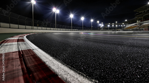 Night illuminated racing track asphalt surface turn on motion blur