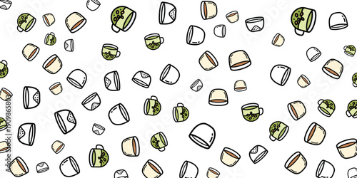 Cute cartoon coffee cups and mugs scattered randomly on a white background