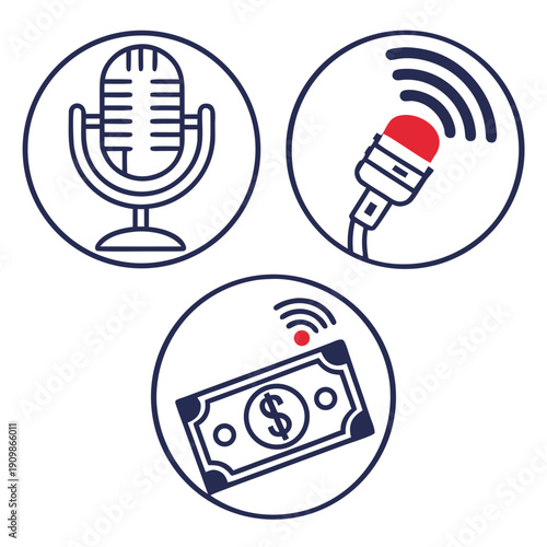 Three icons representing audio broadcasting and payment