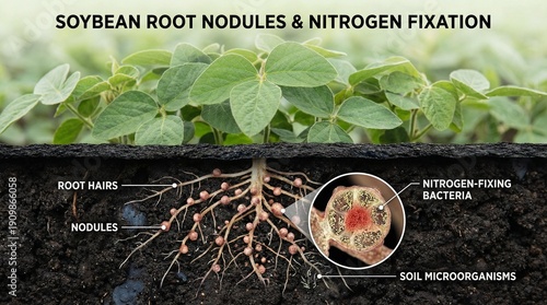 Tableau sur toile Soybean plant with root nodules and nitrogen fixing bacteria in soil