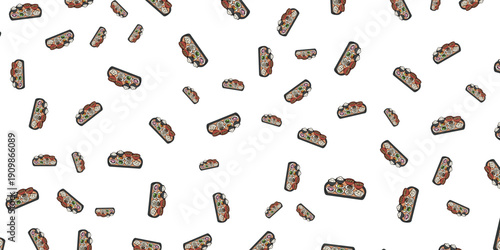 Seamless Pattern of Hot Dogs with Mustard and Ketchup, Repeating Food Illustration