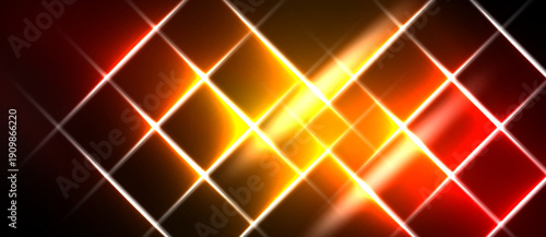 Bright geometric pattern. Lines intersect creating radiant squares, glowing center. Dark background emphasizes vibrant colors.