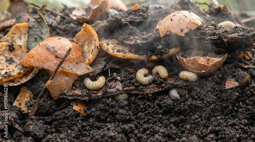 Foto Vibrant compost pile teeming with larvae and organic waste