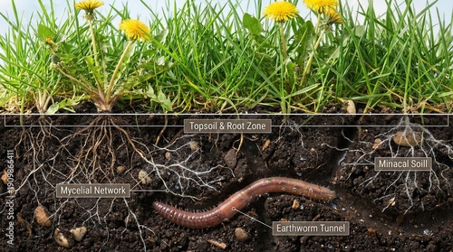 Photos Soil cross-section with labeled earthworm tunnel and mycelial network