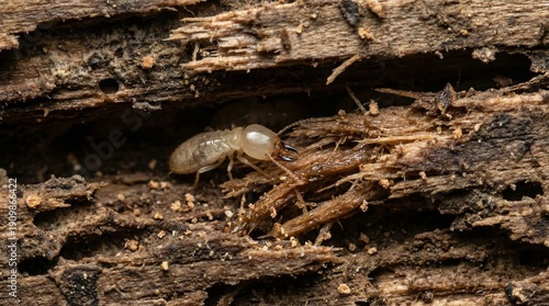 Termite crawling on decaying wood with damaged texture
