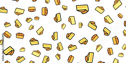 Seamless pattern of delicious cartoon cake slices with creamy filling on a white background