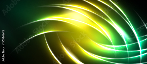 Abstract design features vibrant glowing lines. Green, yellow hues blend into dark background. Dynamic energy radiates from central point.