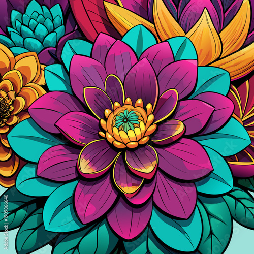 Vibrant psychedelic floral design with abstract geometric patterns Vector