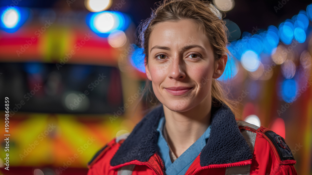 Naklejka premium A young white paramedic woman in front of an ambulance. Portrait in a night setting: red jacket, blue beacons and side lights, service uniform, street lighting, close-up.