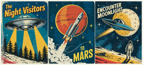 Set of three retro-style posters featuring a UFO over trees, a rocket launching to Mars, and an astronaut encountering a UFO near the moon. Vintage sci-fi style, flat vector design.