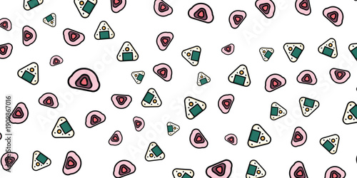 Japanese Food Pattern with Onigiri and Mochi Icons on White Background