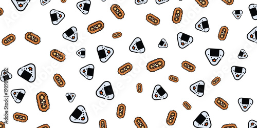 Seamless pattern of Japanese onigiri rice balls and sushi rolls on a white background