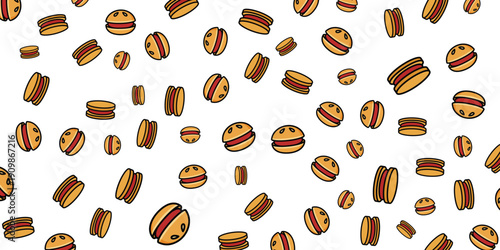 Seamless pattern of cartoon burgers on a white background, a fun food illustration