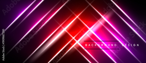 Abstract neon lines create dynamic red, purple gradients. Diagonal streaks intersect, forming vibrant futuristic design. Dark background emphasizes glowing effect.
