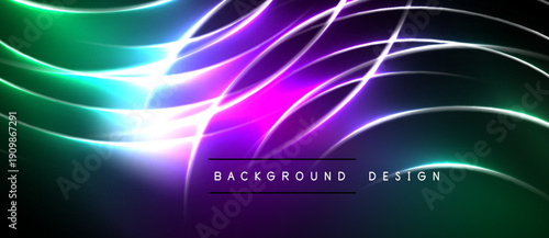 Abstract neon lines create vibrant energy. Green, purple, white hues blend over dark background. Modern design element.