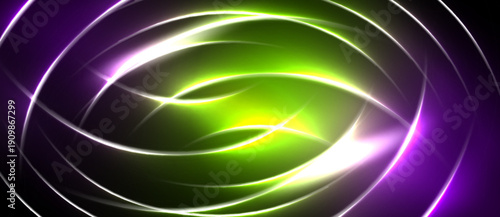 Bright neon swirls create abstract center focus. Vivid green, purple hues dominate dark background. Dynamic energy radiates outward.