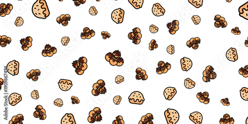 Seamless pattern of popcorn illustrations on a white background, abstract and playful food design