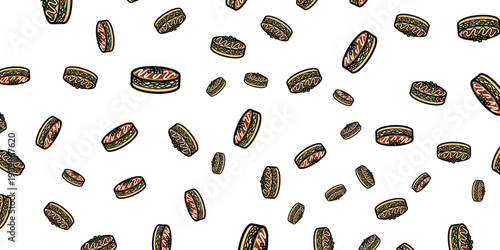 A delightful scattering of freshly made hot dogs with toppings on a white background