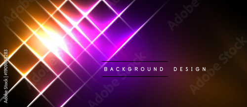 Abstract neon lines create dynamic geometric pattern. Bright light source radiates energy, blending orange, purple hues. Modern design element.