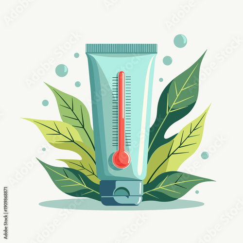 cosmetic tube with thermometer scale and green leaves on white background