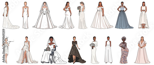 Inclusive faceless wedding fashion pack featuring cultural and plus size looks. Modern 2D vector brides for romantic design projects.