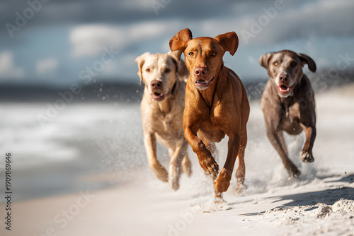 Joyful Canines Gallivanting Along the Sandy Shores Uder the Sunlit Sky - A Plaful Day at the Beach