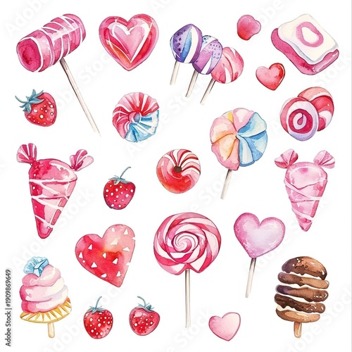 Watercolor illustration of assorted colorful candies and lollipops on white. Childhood
