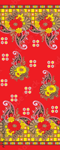 Colorful Floral Saree Design Vector - Indian Ethnic Paisley Pattern with Red and Yellow Flower Motifs
