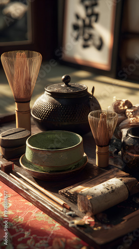 Traditional Japanese Tea Cremony Setup with Authenti Cultural Elements Depictig Essential Tea Utensils ad Atmospheric Arrangement