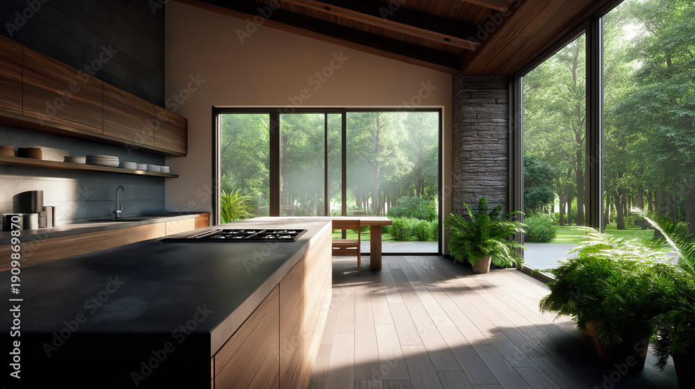 Fototapeta premium Kitchen interior with large windows overlooking a lush green forest in bright natural sunlight