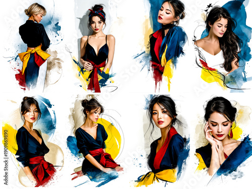 Artistic interpretations of stylish female portraits with dynamic brushstrokes and colorful abstract elements in the background