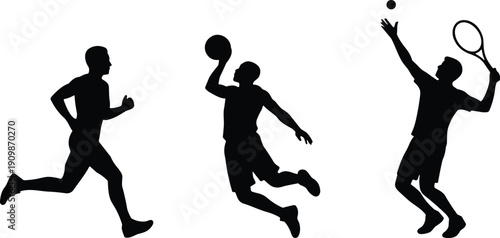 Black sport silhouette set showing runner, basketball player and tennis athlete in action representing fitness, competition, training and active healthy lifestyle isolated on white background