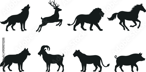 Black wild animal silhouette set featuring wolf, deer, lion, horse, goat, big cat and boar representing wildlife diversity and nature themes isolated on white background