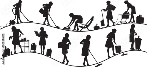 Comprehensive Black Silhouette Collection of Professional Housekeepers and Maids Performing Various Cleaning Chores and Domestic Tasks Isolated on a Wavy Line and White Background