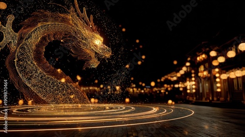 Golden dragon with glowing lines against a dark background illustration