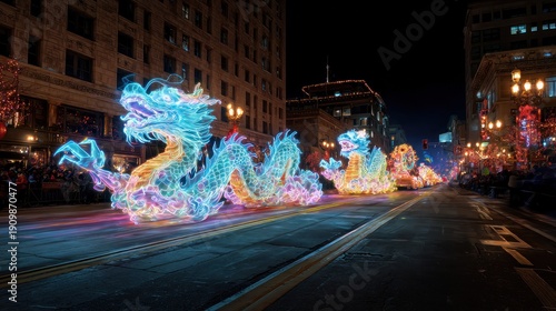 Neon dragon parade floats illuminated at night along city street