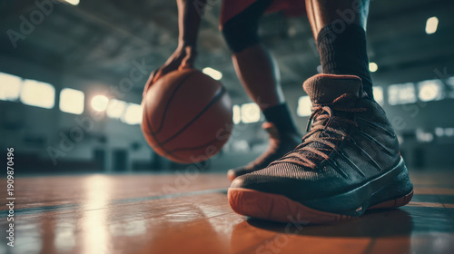 Below angle of basketball player dribbling on indoor court, training, detailed footwork and sports performance