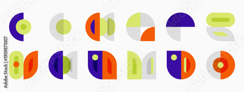 Abstract geometric shapes, vibrant colors, playful design. Circles, rectangles, curves create interesting patterns. Minimalist aesthetic.