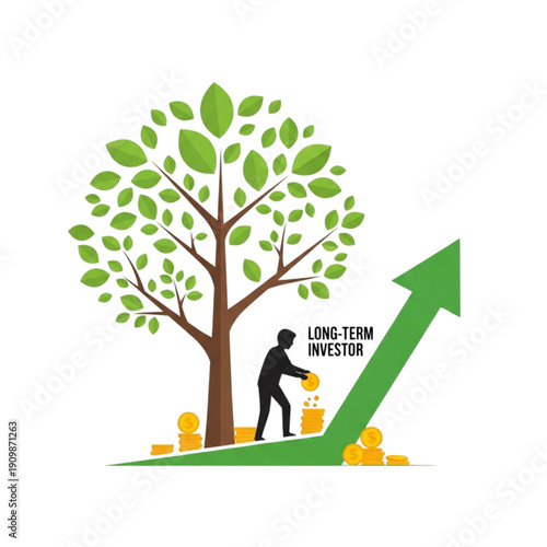 Man Planting Tree with Growing Coins isolated on transparent background.