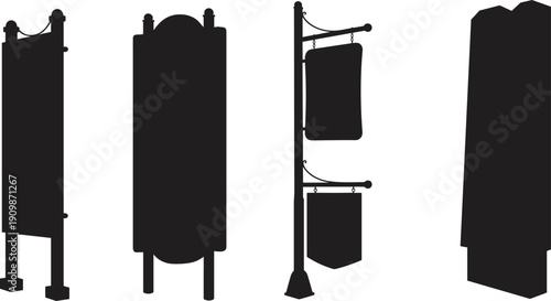 Set of vertical blank signboard silhouettes and street banner stand vectors