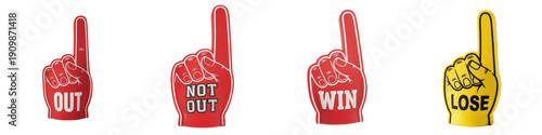 Foam Finger Number One PNG Isolated White Background, Sports Fan Hand Sign Set, Red and Yellow Cheerleading Finger Collection, WIN LOSE OUT Game Day Support Clipart