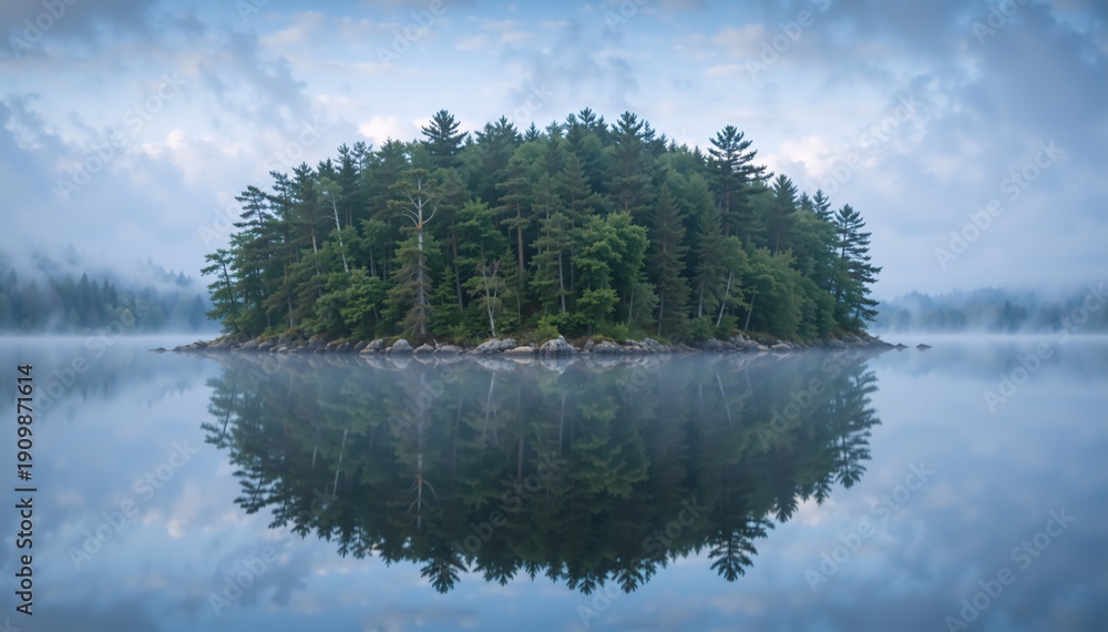 Obraz premium Forested island reflecting in a still lake with morning mist. Symmetrical landscape of a small island surrounded by water. Nature wilderness background