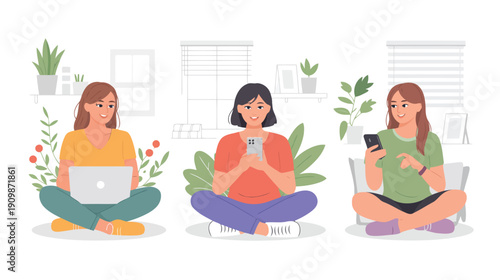Three young women sitting on floor with laptops and phones in bright living room