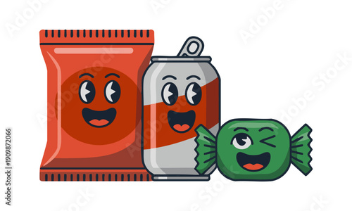 Flat snack food mascot characters for branding and packaging design vector illustration, easily editable.