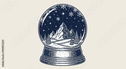 A serene winter landscape scene enclosed in a glass snow globe viewed from the side with snow-covered mountains and trees inside