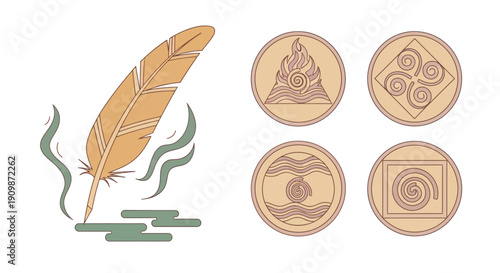 An illustration of a quill pen and four circular icons with various designs on a plain background from a straightforward viewpoint
