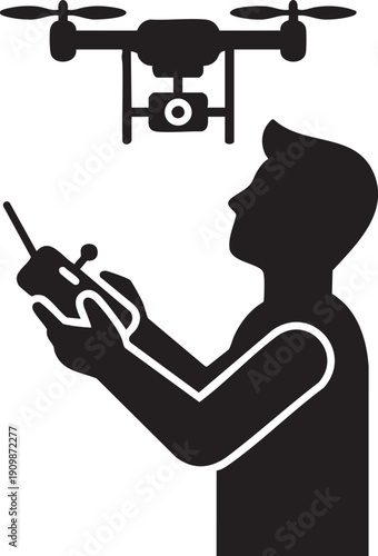 Person Operating Quadcopter Camera Drone Silhouettes on White Background